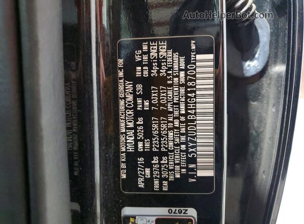 5XYZUDLB4HG418700 2017 HYUNDAI SANTA Black VIN კოდის სტიკერის ხედი