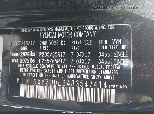 5XYZUDLB4JG547414 2018 HYUNDAI SANTA FE SPORT Black Вид підкапотного простору