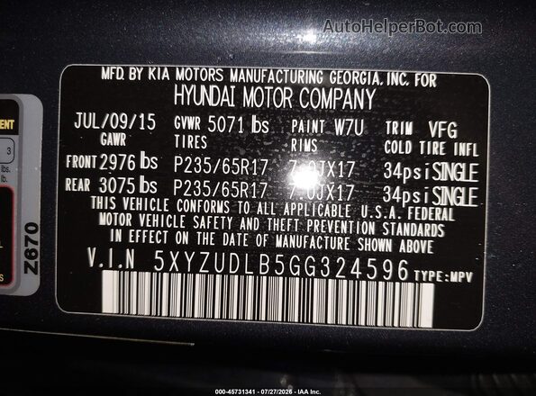 5XYZUDLB5GG324596 2016 HYUNDAI SANTA FE SPORT Dark Blue ძრავის განყოფილების ხედი