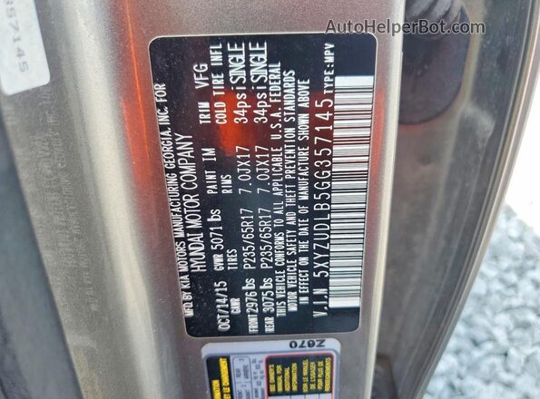 5XYZUDLB5GG357145 2016 HYUNDAI SANTA Gray VIN sticker view