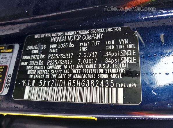 5XYZUDLB5HG382435 2017 HYUNDAI SANTA Blue VIN կոդի պիտակի տեսք