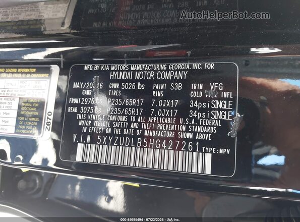 5XYZUDLB5HG427261 2017 HYUNDAI SANTA FE SPORT Черный Вид подкапотного пространства
