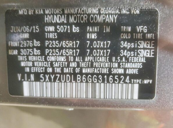 5XYZUDLB6GG316524 2016 HYUNDAI SANTA Gray Սալոնի 360 աստիճան տեսք