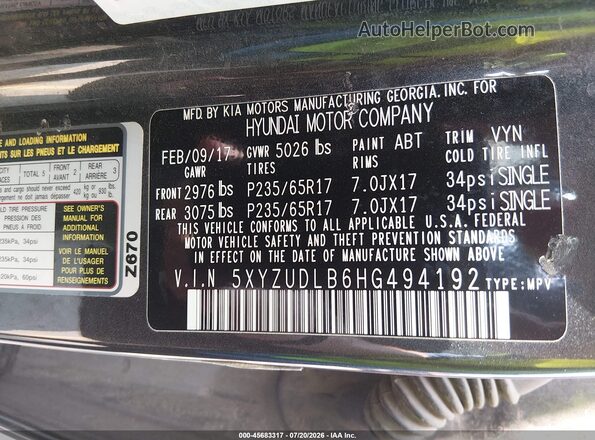 5XYZUDLB6HG494192 2017 HYUNDAI SANTA FE SPORT Gray Engine compartment view