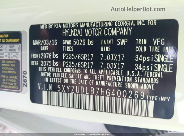 5XYZUDLB7HG400269 2017 HYUNDAI SANTA FE SPORT White ძრავის განყოფილების ხედი