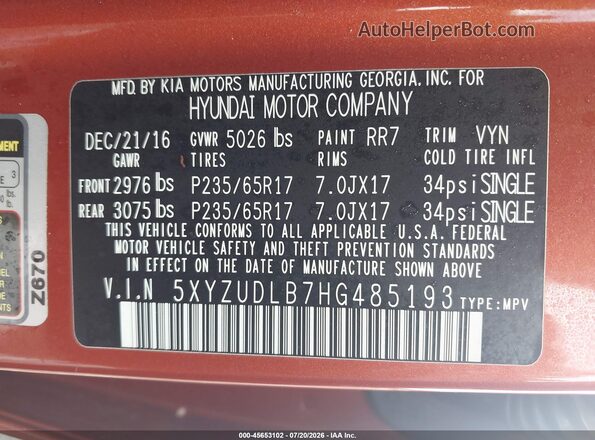 5XYZUDLB7HG485193 2017 HYUNDAI SANTA FE SPORT Orange Widok komory silnika