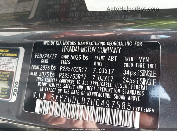 5XYZUDLB7HG497585 2017 HYUNDAI SANTA FE SPORT Gray Widok naklejki z numerem VIN