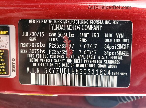 5XYZUDLB8GG331834 2016 HYUNDAI SANTA Red VIN կոդի պիտակի տեսք