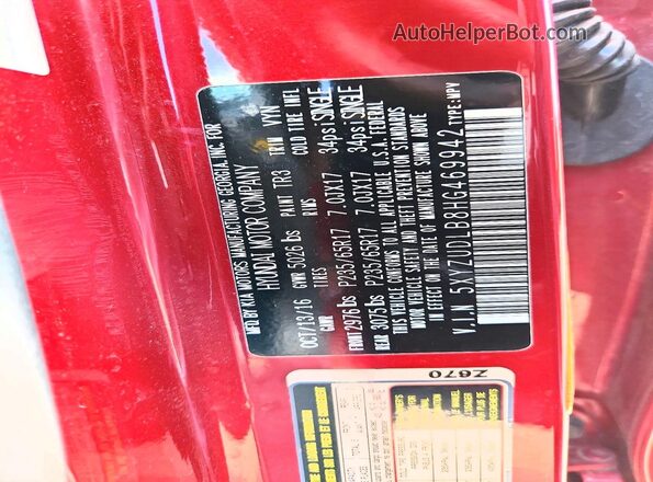 5XYZUDLB8HG469942 2017 HYUNDAI SANTA Maroon VIN კოდის სტიკერის ხედი