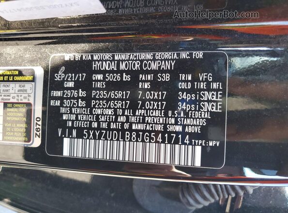 5XYZUDLB8JG541714 2018 HYUNDAI SANTA Black Widok wnętrza 360 stopni