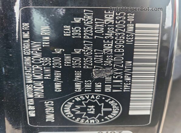 5XYZUDLB9GG320535 2016 HYUNDAI SANTA Black VIN կոդի պիտակի տեսք