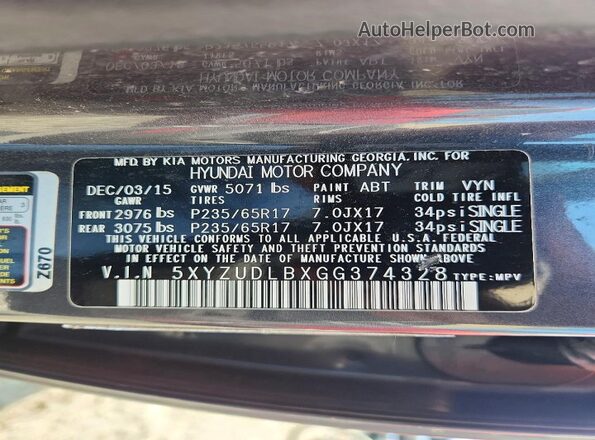 5XYZUDLBXGG374328 2016 HYUNDAI SANTA Gray Вид наклейки з VIN-кодом