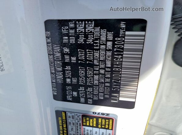 5XYZUDLBXHG417308 2017 HYUNDAI SANTA White Սալոնի 360 աստիճան տեսք