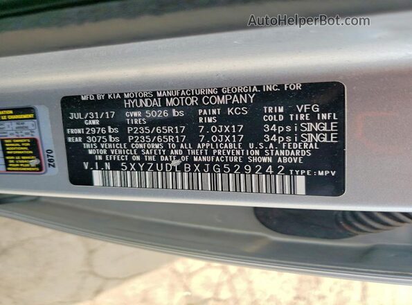 5XYZUDLBXJG529242 2018 HYUNDAI SANTA Silver Widok naklejki z numerem VIN