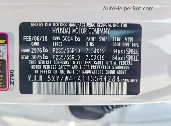 5XYZW4LA1JG564284 2018 HYUNDAI SANTA Red VIN sticker view