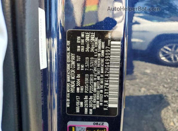 5XYZW4LA2HG499097 2017 HYUNDAI SANTA Blue Widok naklejki z numerem VIN