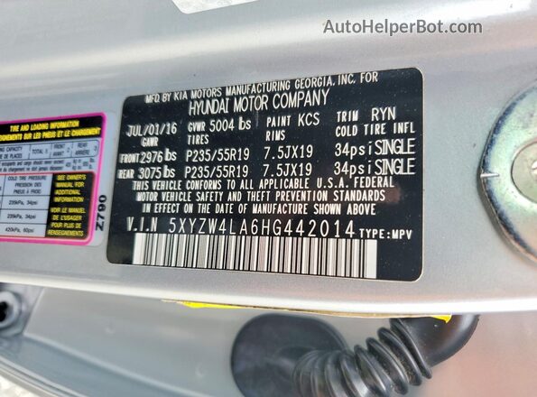 5XYZW4LA6HG442014 2017 HYUNDAI SANTA Silver VIN կոդի պիտակի տեսք