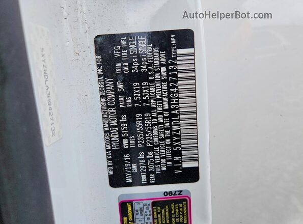 5XYZWDLA3HG427132 2017 HYUNDAI SANTA Белый Вид наклейки с VIN-кодом