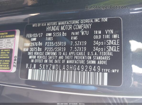5XYZWDLA3HG492949 2017 HYUNDAI SANTA FE SPORT Gray Շարժիչի բաժամունքի տեսք