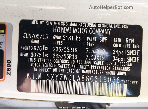 5XYZWDLA8GG316056 2016 HYUNDAI SANTA FE SPORT Белый Вид подкапотного пространства