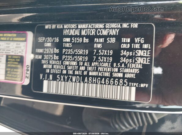 5XYZWDLA8HG466685 2017 HYUNDAI SANTA FE SPORT Черный Вид подкапотного пространства