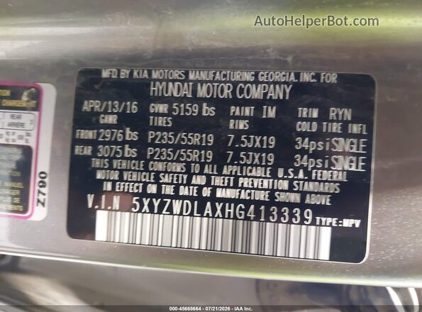 5XYZWDLAXHG413339 2017 HYUNDAI SANTA FE SPORT Серебряный Вид подкапотного пространства