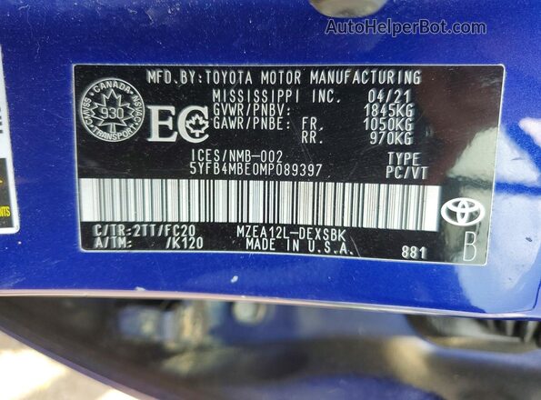 5YFB4MBE0MP089397 2021 TOYOTA COROLLA Синий Вид наклейки с VIN-кодом