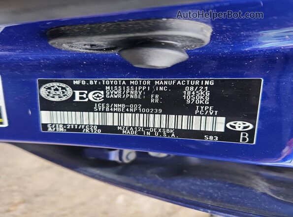 5YFB4MBE4NP100239 2022 TOYOTA COROLLA Blue Շարժիչի բաժամունքի տեսք