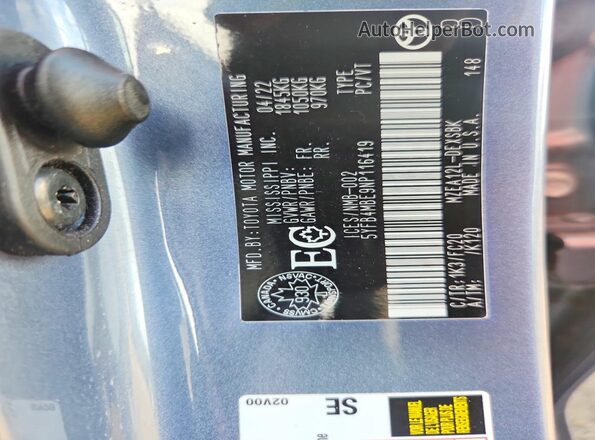 5YFB4MBE9NP116419 2022 TOYOTA COROLLA Blue Вид підкапотного простору