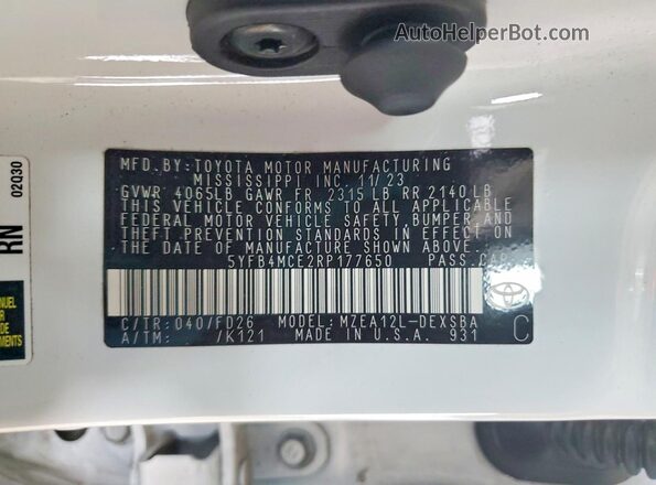 5YFB4MCE2RP177650 2024 TOYOTA COROLLA White Вид підкапотного простору