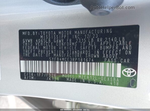 5YFB4MCE3RP181674 2024 TOYOTA COROLLA Silver Շարժիչի բաժամունքի տեսք