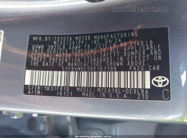5YFB4MDE0RP161199 2024 TOYOTA COROLLA Gray ძრავის განყოფილების ხედი