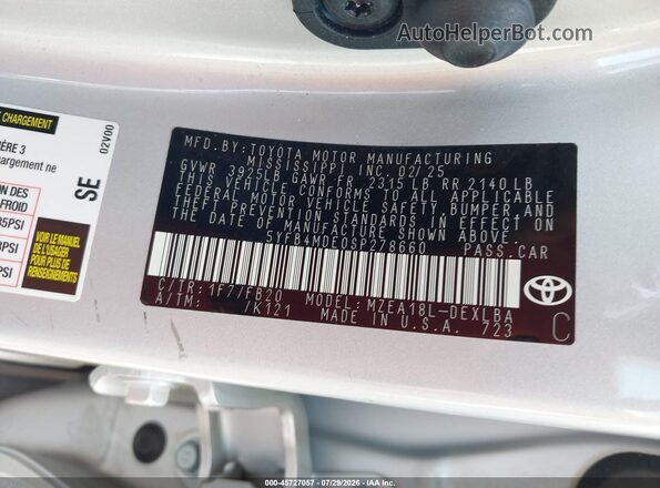 5YFB4MDE0SP278660 2025 TOYOTA COROLLA Серый Вид подкапотного пространства