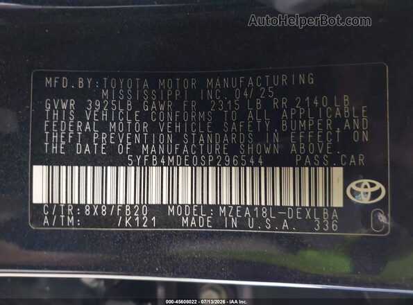 5YFB4MDE0SP296544 2025 TOYOTA COROLLA Blue ძრავის განყოფილების ხედი