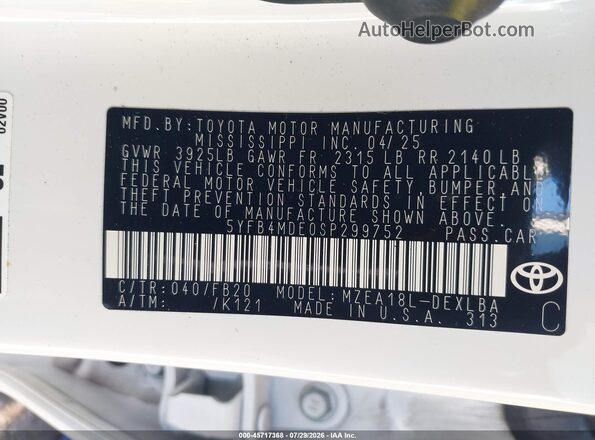 5YFB4MDE0SP299752 2025 TOYOTA COROLLA White Вид підкапотного простору