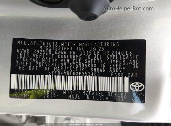 5YFB4MDE0SP353468 2025 TOYOTA COROLLA Silver ძრავის განყოფილების ხედი