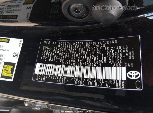 5YFB4MDE0TP367601 2026 TOYOTA COROLLA Black ძრავის განყოფილების ხედი