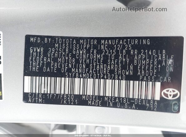 5YFB4MDE0TP407840 2026 TOYOTA COROLLA Silver Շարժիչի բաժամունքի տեսք