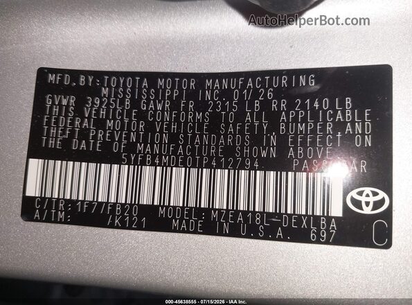 5YFB4MDE0TP412794 2026 TOYOTA COROLLA Silver Vista del compartimento del motor