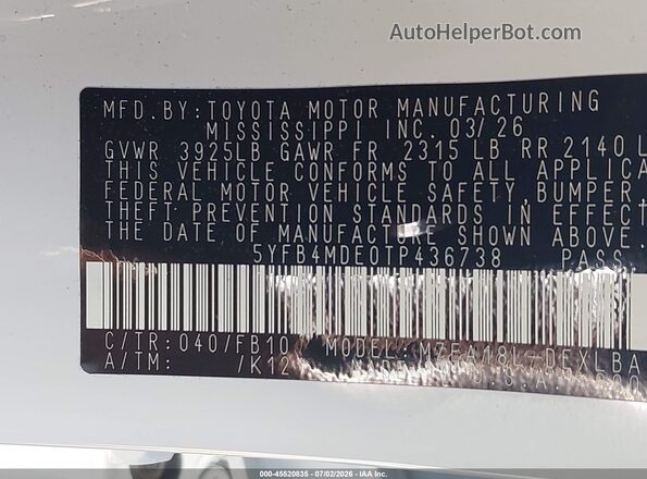 5YFB4MDE0TP436738 2026 TOYOTA COROLLA White Vista del compartimento del motor