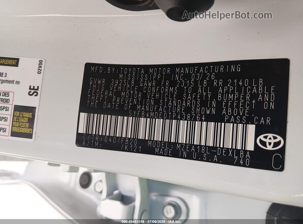 5YFB4MDE0TP438764 2026 TOYOTA COROLLA Белый Вид подкапотного пространства