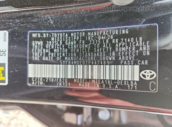 5YFB4MDE0TP447481 2026 TOYOTA COROLLA Black Widok komory silnika