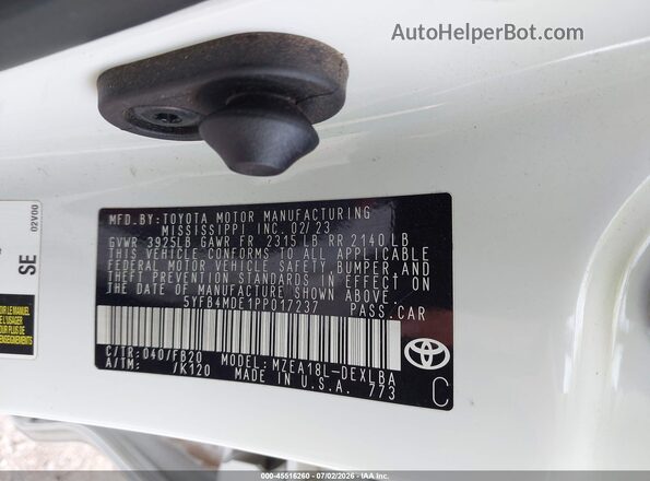 5YFB4MDE1PP017237 2023 TOYOTA COROLLA Белый Вид подкапотного пространства