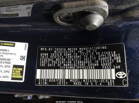 5YFB4MDE1PP055986 2023 TOYOTA COROLLA Blue Вид підкапотного простору