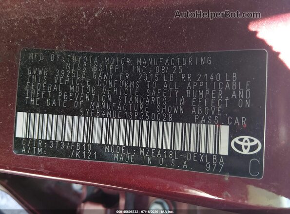 5YFB4MDE1SP350028 2025 TOYOTA COROLLA Red Widok komory silnika