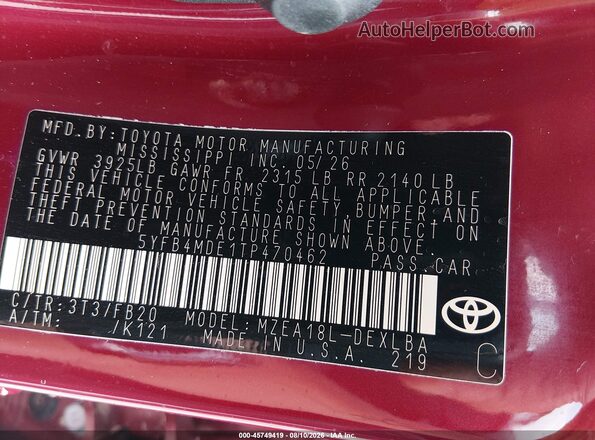 5YFB4MDE1TP470462 2026 TOYOTA COROLLA Red Engine compartment view