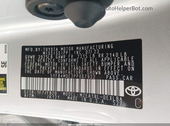 5YFB4MDE2PP067922 2023 TOYOTA COROLLA Серебряный Вид подкапотного пространства