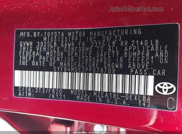 5YFB4MDE2PP078709 2023 TOYOTA COROLLA Красный Вид подкапотного пространства