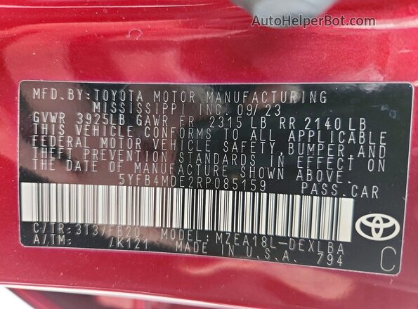 5YFB4MDE2RP085159 2024 TOYOTA COROLLA Red Вид підкапотного простору