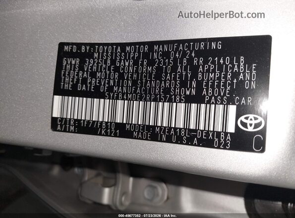 5YFB4MDE2RP157185 2024 TOYOTA COROLLA Silver ძრავის განყოფილების ხედი